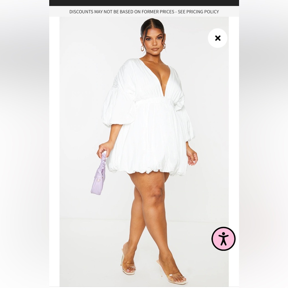 PrettyLittleThing Whote Puff Sleeve Puffball Hem Dress